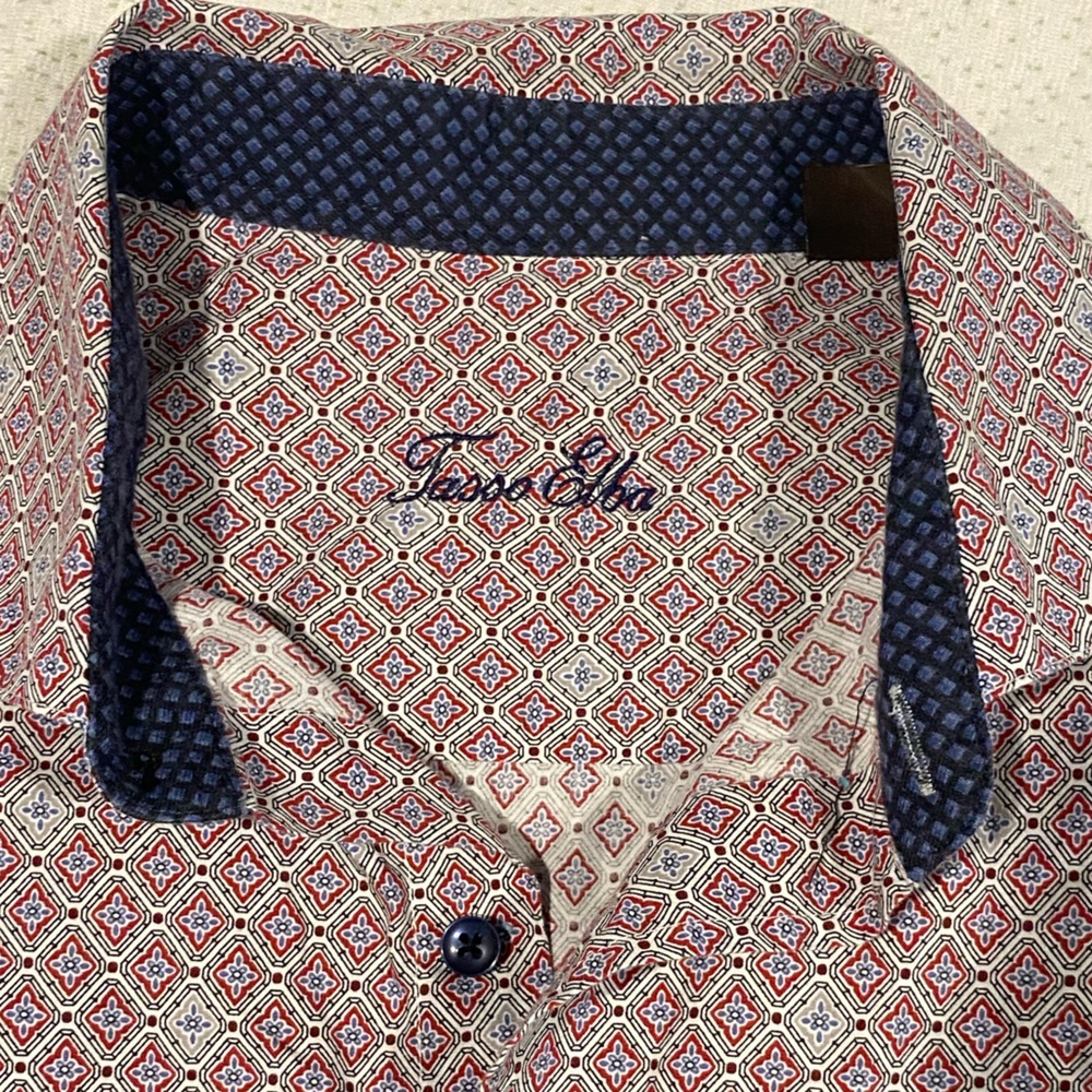 Tasso Elba - XL (17 - 17.5) - Long Sleeve Shirt - Trippy Diamond Offset Pattern